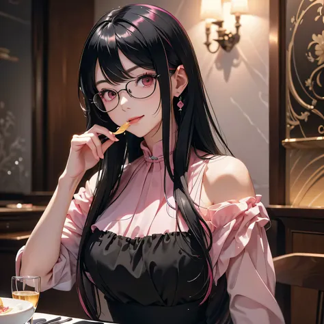 ((masterpiece)), newest, absurdres, safe, (beautiful girl), woman, anime girl, anime, ((long black stright hair with bangs)), (smoth hair), black dark hair, ((black hair under pink smooth color mixed)),  (bautiful detailed hair), pink eyes, her expression ...