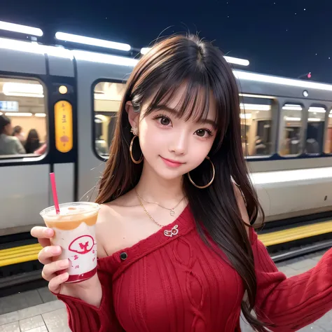 very cute face like an idol,,Looks like a young face、20-year-old female、Gentle and cute、((wearing crimson knitted outfit)), skrit Cleavage, ,Cinema lighting、Natural light、whole body、RAW Photos、Genuine、Artistic、(High level of artistry)、High quality that is ...