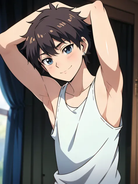 Highres, Masterpiece, Best quality at best,Best Quality,hight quality, hight detailed, Anime style, 1boy, Boy, Shota, Solo person, hansome, short hair, Earring, Tank top, Upper body, Summer day, naughty smile, Slim body, Blurry beckground, Seen from the fr...