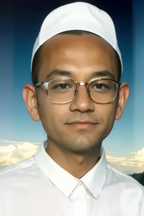 Man with glasses wears white peci and white shirt, 8k HD, ultra HD, realistic