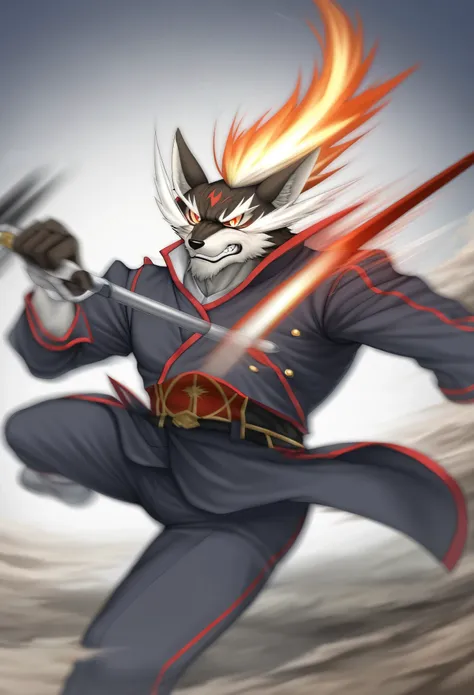 top quality, high-quality illustrations((masterpiece))depth of field, motion blur, absurdres, Perfect Anatomy, magnificent picture of kemono fighting fierce battles, kemono, Anthro((dramatic))epic, weapon, Acrobat, One scene of movie,