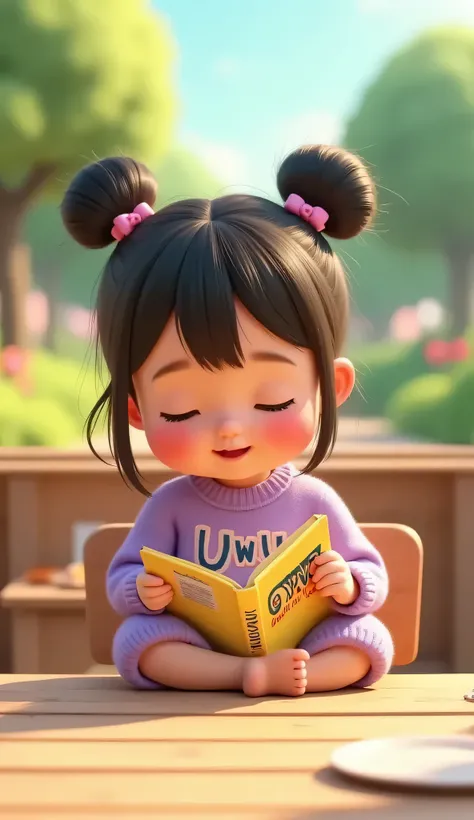 (masterpiece, best quality:1.2), a girl wearing purple sweater with text "Uwu" and a boy wearing yellow t-shirt with text "Owo", they are reading a book, trees, summer, hill background, flower, dreaming