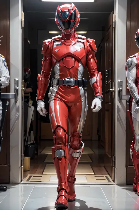 1boy, full body, Illustration, cinematic light, high resolution, best quality, ultra-detailed, masterpiece, power suit, powerranger, suit, spd, (Silver and Gold chest plate), white and gold detail, (((red suit))), ((police theme:1.2))
