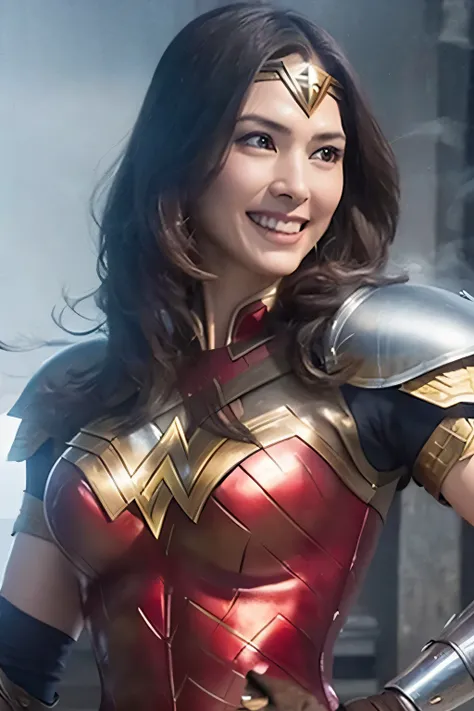 Heavy Rain, Smoke Clouds , Wonder Woman in War Costumes 、sword、shield、Japanese actress wearing Wonder Woman armor, Smiling, Horizontal angle medium shot ,