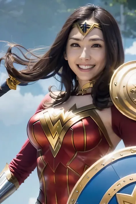 heavy rain, smoke clouds ,  wonder woman in war costumes 、sword in right hand、shield in left hand、japanese actress, aragaki yui ...