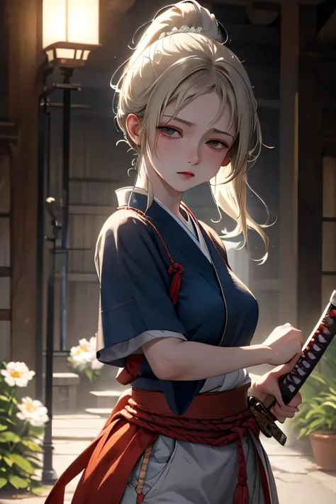 Masterpiece, Best Quality, Coloured image,Hi-Res, source_anime, (good_hands:0.9) , 1girl, black eyes, focused eyes, empty eyes, silver light brown coloured hair, ponytail hair, samurai clothes, medium breast, curvy body, holding sword, sword, ready to dra...