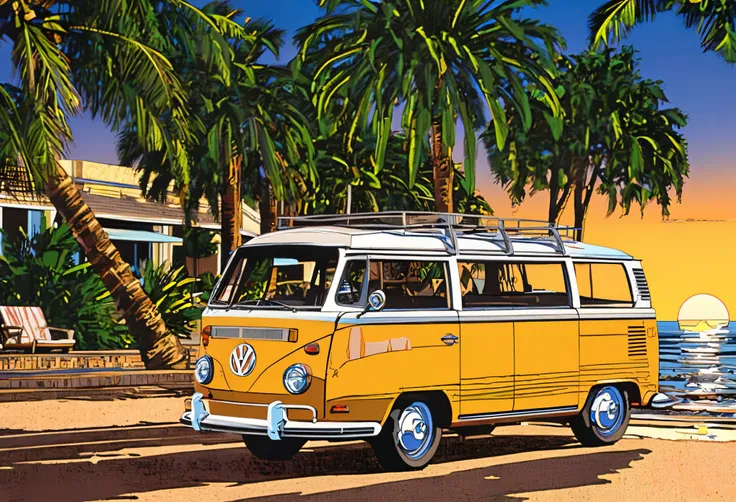 a highly detailed classic car on a beach side street with palm trees, volkswagen type 2,, sunset, nostalgia, best quality, maste...