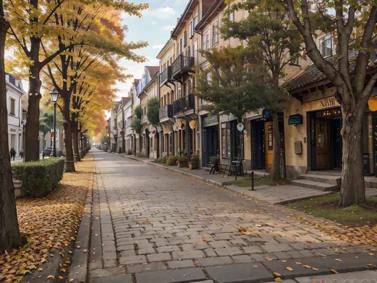 Autumn street of the old town, leaves on the sidewalks, autumn trees, cozy houses, outdoor cafes. photorealism, high detail