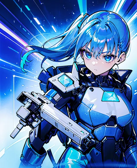 ((Holographic glow effect))、 blue hair 、Masterpiece、 Best Quality、1 person、Medium breast、(( album cover ))、 light on face、 slim body、 blue costume、Exoskeleton、Metal Gear、 cyberpunk style、 ponytails、Gundam Pilot、attention arousal，Ride a fighter jet 、 gloves...