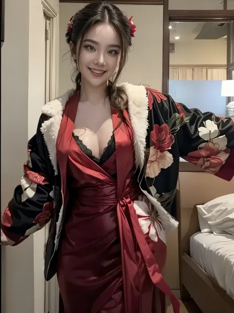 there is a woman in a red dress and a black and white floral kimono, she is smiling and excited, posing in a bedroom, she expres...