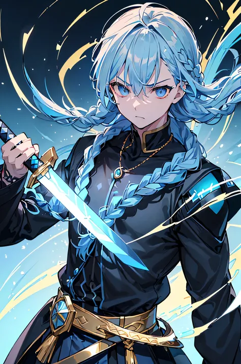 Executioner、Alone、The embodiment of evil、((male、Dark Eyes、 light blue hair))、( black tattoo on face 、Tattoo on neck)、(( blue jacket)、(( zoom up))、(Delicate face)、((Alone、male))、 adult male sex、Stand in front、(((Holding a sword)))、((( black background with ...