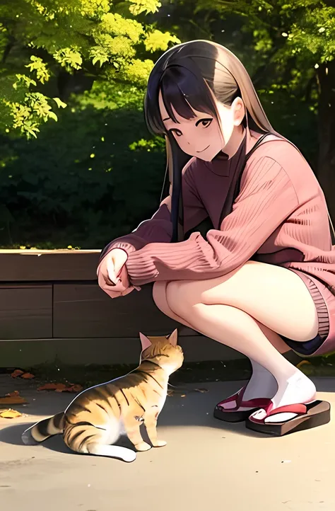 ((Petting a cat))、  Japanese、woman、18 years old、  very slender 、 autumn leaves、(sweater)、 smile、 Thin legs