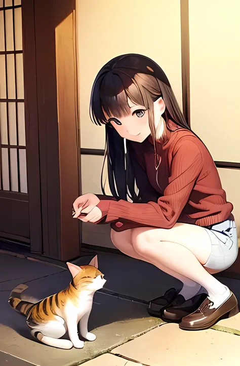 ((Petting a cat))、  Japanese、woman、18 years old、  very slender 、 autumn leaves、(sweater)、 smile、 Thin legs