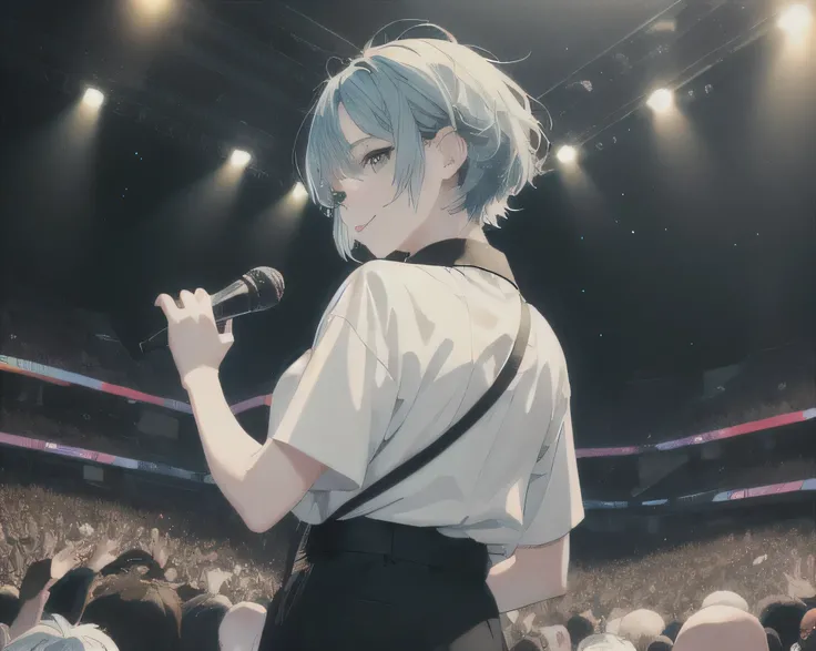 ( Top Quality , masterpiece), 1명의  beautiful  아이돌 청년 남자, Upper body,  animated key visual. //  Pastel blue wave hair over my shoulders , Bald middle-aged man with light blue eyes,  The young idol is wearing a white plain shirt and black pants., Slender pre...