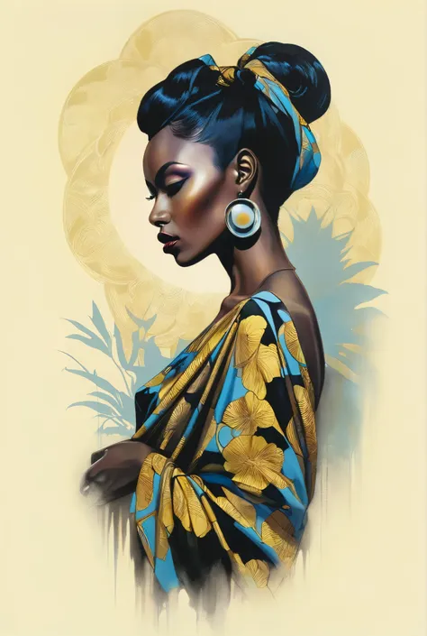 chiaroscuro technique on sensual illustration of an elegant 1980s african woman, vintage beauty, eerie, the model draped in flow...