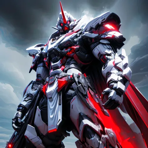 ((Big Clouds, Cloudy: 1.5, sunlight pouring down through the clouds to the ground: 2.0, Pillar of Light, A flock of black wild birds flying in the sky : 1.3)), (Mecha:1.6), ((The white robot is making violent movements)), (( several people having fun with...