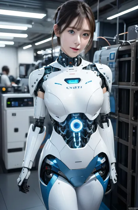 masterpiece, best quality, extremely detailed, japanese android girl,plump ,control panels,robot arms,robot,android,cyborg,white...