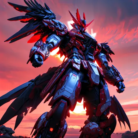 ((Big Clouds, Bright Red Sunset: 1.5,  sunlight pouring down through the clouds to the ground: 2.0, Pillar of Light, A flock of black wild birds flying in the sky : 1.3)), (Mecha:1.6), ((The white robot is making violent movements)), (( several people havi...