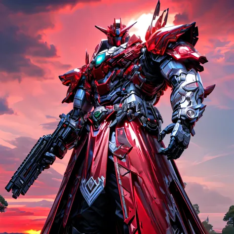 ((Big Clouds, Bright Red Sunset: 1.5,  sunlight pouring down through the clouds to the ground: 2.0, Pillar of Light, A flock of black wild birds flying in the sky : 1.3)), (Mecha:1.6), ((The white robot is making violent movements)), (( several people havi...