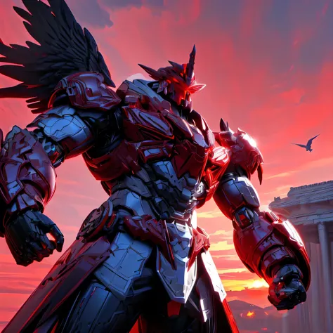 ((Big Clouds, Bright Red Sunset: 1.5,  sunlight pouring down to the ground through a break in the clouds: 2.0, Pillar of Light, A flock of black wild birds flying in the sky : 1.3)), (Mecha:1.6), ((The white robot is making violent movements)), (( several ...