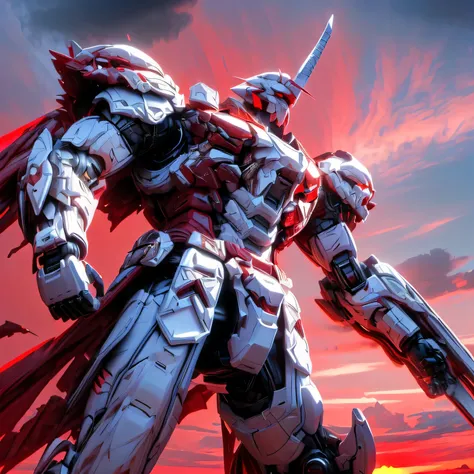 ((Big Clouds, Bright Red Sunset: 1.5, sunlight pouring down to the ground through a break in the clouds: 2.0, Pillar of Light, Many black wild birds flying in the sky : 1.5)), (Mecha:1.6), ((The white robot is making violent movements: 2.0)), (( several p...