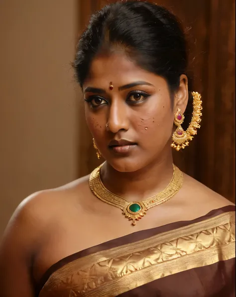 Looks like Nayanthara, fleshy thick figure, bulky figure, fleshy figure, sexy arms, sexy thighs, wide hips, chocolate mommy, intricate clothes and jewellery, black lips, sexy lips, masterpiece Portrait, Indian ethnic jewellery, (aesthetic), dusky goddess, ...