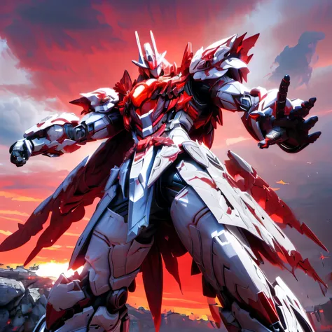 ((Big Clouds, Bright Red Sunset: 1.5,  sunlight pouring down to the ground through a break in the clouds: 2.0, Pillar of Light, Many black wild birds flying in the sky : 1.5)), (Mecha:1.6), ((The white robot is making violent movements: 2.0)), (( several p...