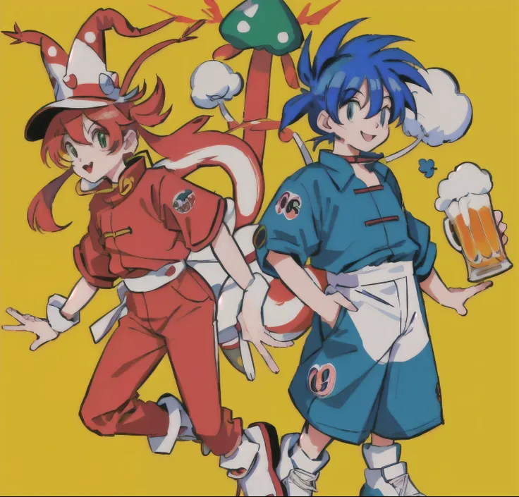  cartoon character wearing a clown hat and a clown nose, beer cup head , 茶杯头’s art style,  90s cartoon , Two roles, ❤🔥🍄🌪,  style, acrace catoon, Reddit memes,  they are siblings ,  profile picture , , 90s cartoon 