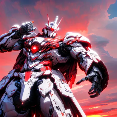 ((Big Clouds, Bright Red Sunset: 1.5, sunlight pouring down through the clouds to the ground: 2.0, Pillar of Light, Many black wild birds flying in the sky : 1.5)), (Many leaves are dancing due to strong winds : 1.5), (Mecha:1.6), ((The white robot is mak...