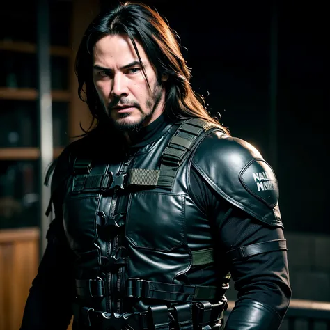 angry, furious man (Keanu Reeves face with long hair) handsome man with black hair, green eyes, beautiful bright green eyes, detailed ultra-realistic rendering, 4k cinema image, blurred background, (man in black clothes, tactical leather clothing, bulletpr...