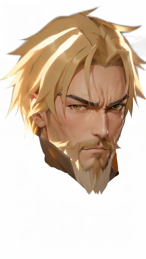 anime character with a beard and a face of a man, mushoku tensei, roguish smirk, highly detailed angry anime face, small blond goatee, highley detailled face, kazuma kaneko, scowling, perfect anime face, male anime character, alphonse, bara, cocky expressi...