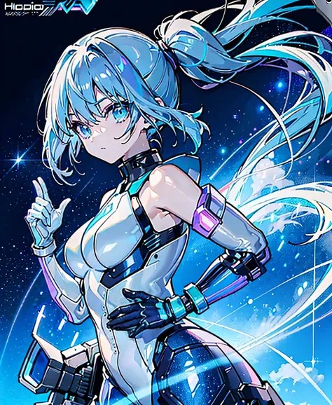 ((Holographic glow effect))、 blue hair 、Masterpiece、 Best Quality、1 person、Medium breast、(( album cover ))、 light on face、 slim body、 blue costume、Exoskeleton、Metal Gear、 cyberpunk style、 ponytails、Gundam Pilot、attention arousal，Ride a fighter jet 、 gloves...