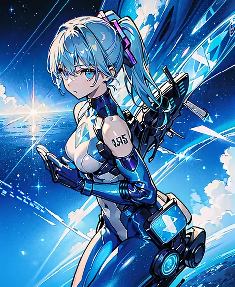 ((Holographic glow effect))、 blue hair 、Masterpiece、 Best Quality、1 person、Medium breast、(( album cover ))、 light on face、 slim body、 blue costume、Exoskeleton、Metal Gear、 cyberpunk style、 ponytails、Gundam Pilot、attention arousal，Ride a fighter jet 、 gloves...