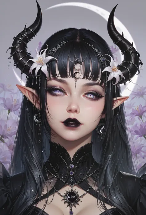 ((masterpiece)), (( high resolution)), (( lunar eclipse background  )),   beautifully detailed woman, ,  long black hair, elf ea...