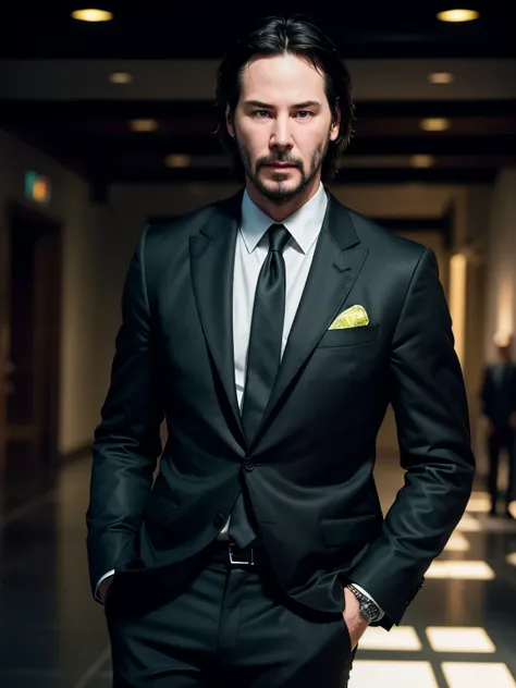 front view portrait (face Keanu Reeves slicked back hair) handsome man with short head, green eyes, beautiful bright green eyes, detailed ultra-realistic rendering, 4k cinema image, blurred background, (business attire, black suit) muscular, with the whole...