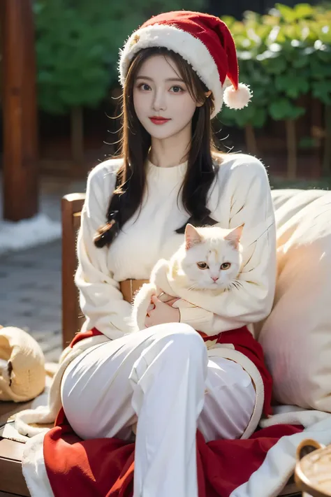 xxmix_girl, a woman with long hair wears a light-colored sweater, holding a white cat in her hand ,wool hat ,red pants ，lying do...