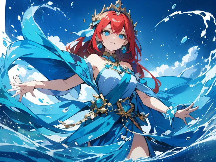 This character features a water-themed design with flowing blue and turquoise elements surrounding her, emphasizing her connection to water or aquatic powers. She has long, vibrant red hair, creating a striking contrast against the blue water elements and ...