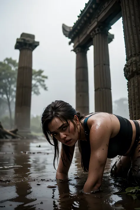 hyperrealistic survival photography of Norwegian woman crawling in a deep swamp, covered in mud, muddy, dirty, skin pores, pores, dark mist character Lara croft  lookin over shoulder hiding inside a ancient temple of doom