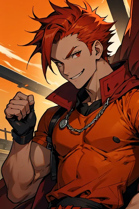 man, spiky scarlet hair, strong, thin, smile, anime style, orange costume, temple background, fighter, young, red eyes