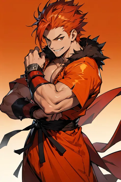 man, spiky red hair, strong, thin, smile, anime style, orange costume, temple background, fighter, young