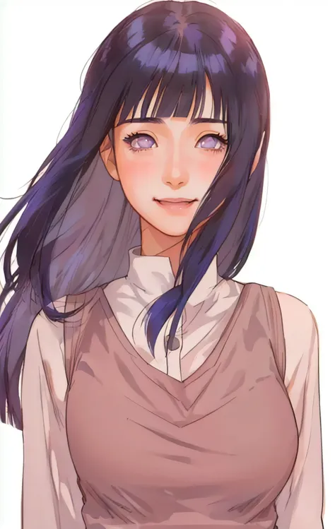 a girl with long blue hair and a gray shirt, hinata hyuga, hinata hyuga from naruto, she has black hair with blunt bangs, realistic, with long dark hair, from naruto, blunt bangs, (realistic hair:1.3), (long hair:1.3), (light smile:1.3), detailed character...