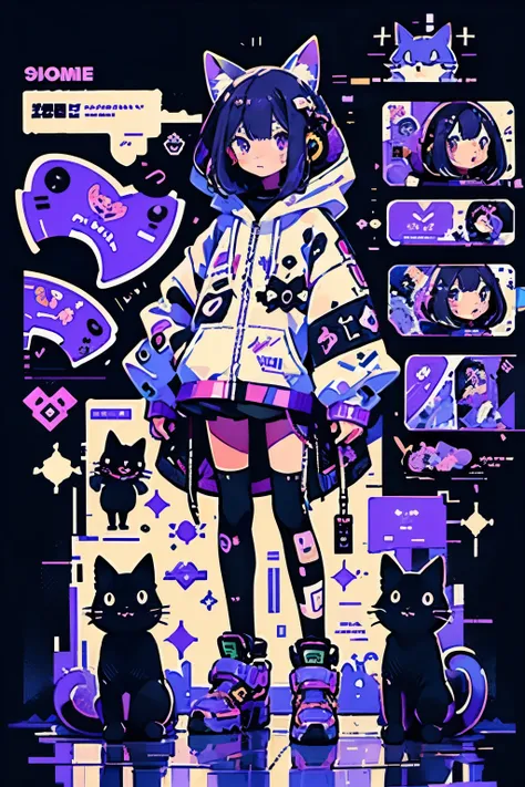 Anime girl with thin purple short hair, bob cut,  Anime-Style Illustrations , Moe art style, wallpaper 8k,  Digital Illustration , Beautiful girl  ,  Shes wearing a hoodie with animal ears and technowear technology, futuristic fashion in black and  Hologra...