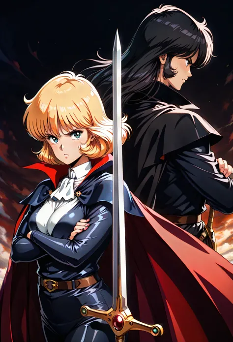 (masterpiece, high quality:1.2), best quality, 1 girl, 1 boy, back-to-back,  1980s (style), fantasy, serious face, fantasy,  vampire, holding a sword and shield, sfw, arms crossed