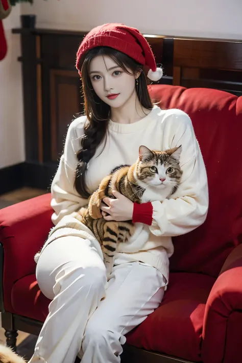 xxmix_girl, a woman with long hair wears a light-colored sweater,8k, the best details ， holding a real cat in her hand，big cats ...