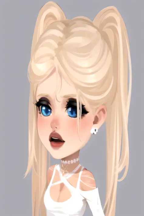 a highly detailed and realistic portrait of a female humanoid figure with blonde hair, blue eyes, and tan skin, standing outdoors against a starry night sky background, wearing white shirt, with a beautiful symmetrical face, earrings, and a white demon cat...