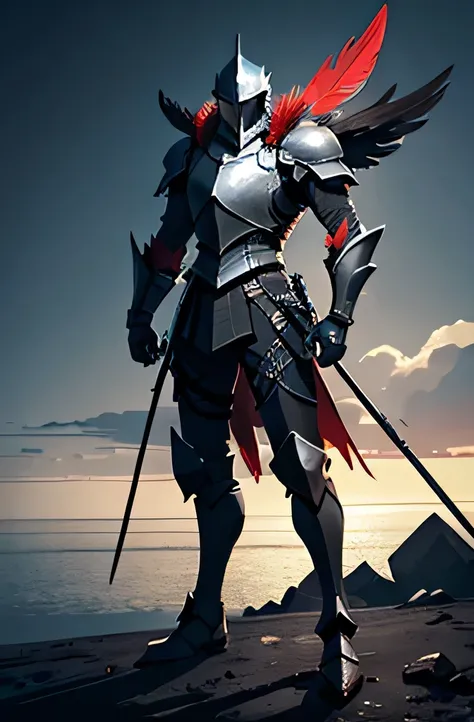 tall man, knight, pitch black armor, helmet with red feathers, full body shot, 