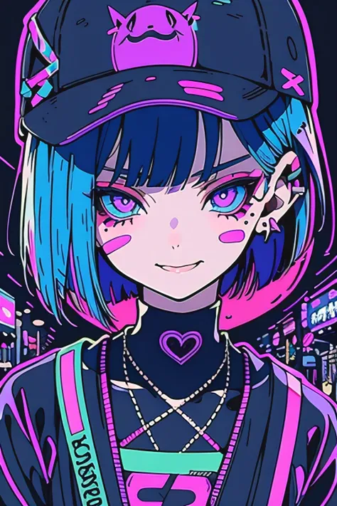 anime girl, very femenine, with a cap, blue hair, bob cut, street background in neon purple and blue colors, stickers, smirk face, very detail, 