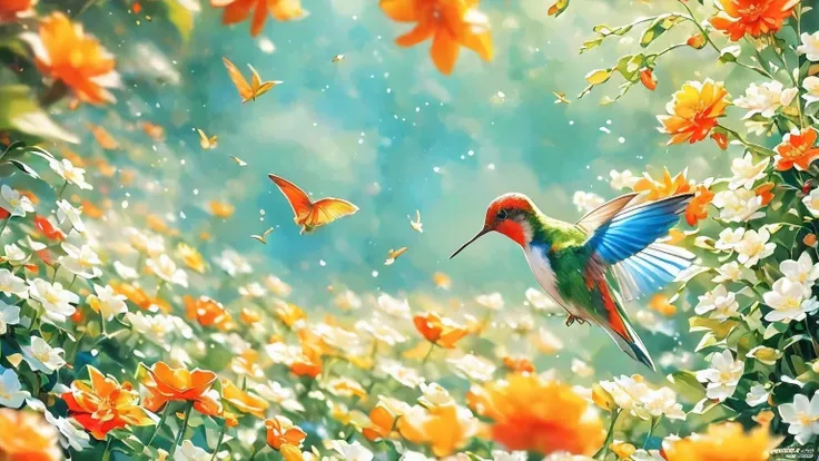 "  oil painting of a multicolored hummingbird being the dominant white of its wings feeding on a flower in full flight,  with soft colors and natural lighting that highlights its grace .  immersive and approximate scene ;  captured to be a work of art feat...