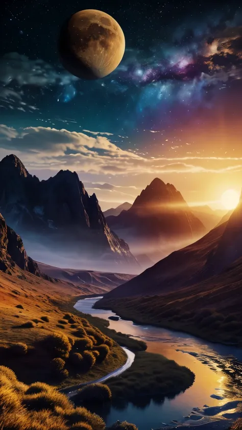 a surreal landscape with a river, mountains, planets, nebulae, moon, sun, (best quality,4k,8k,highres,masterpiece:1.2),ultra-detailed,(realistic,photorealistic,photo-realistic:1.37),conceptual art,cinematic lighting,vibrant colors,dramatic shadows,intricat...