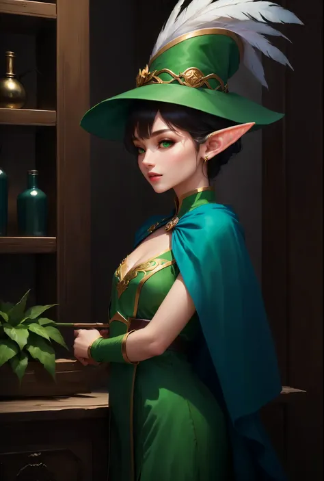  there is a woman in a green dress and green hat, Elf Girl,  art gel  lau, extremely detailed  art gel , Portrait of a young elf wizard , Portrait of a Female Magician, Elf portrait, a Elf portrait, ig model |  art gel , style  art gel , stanley  art gel  lau,  portrait female elf wizard ,  high definition ,top-quality,top-quality real texture skin, surrealist , Increase Resolution , RAW photo, best quality, several people having fun with each other while having very detailed ,